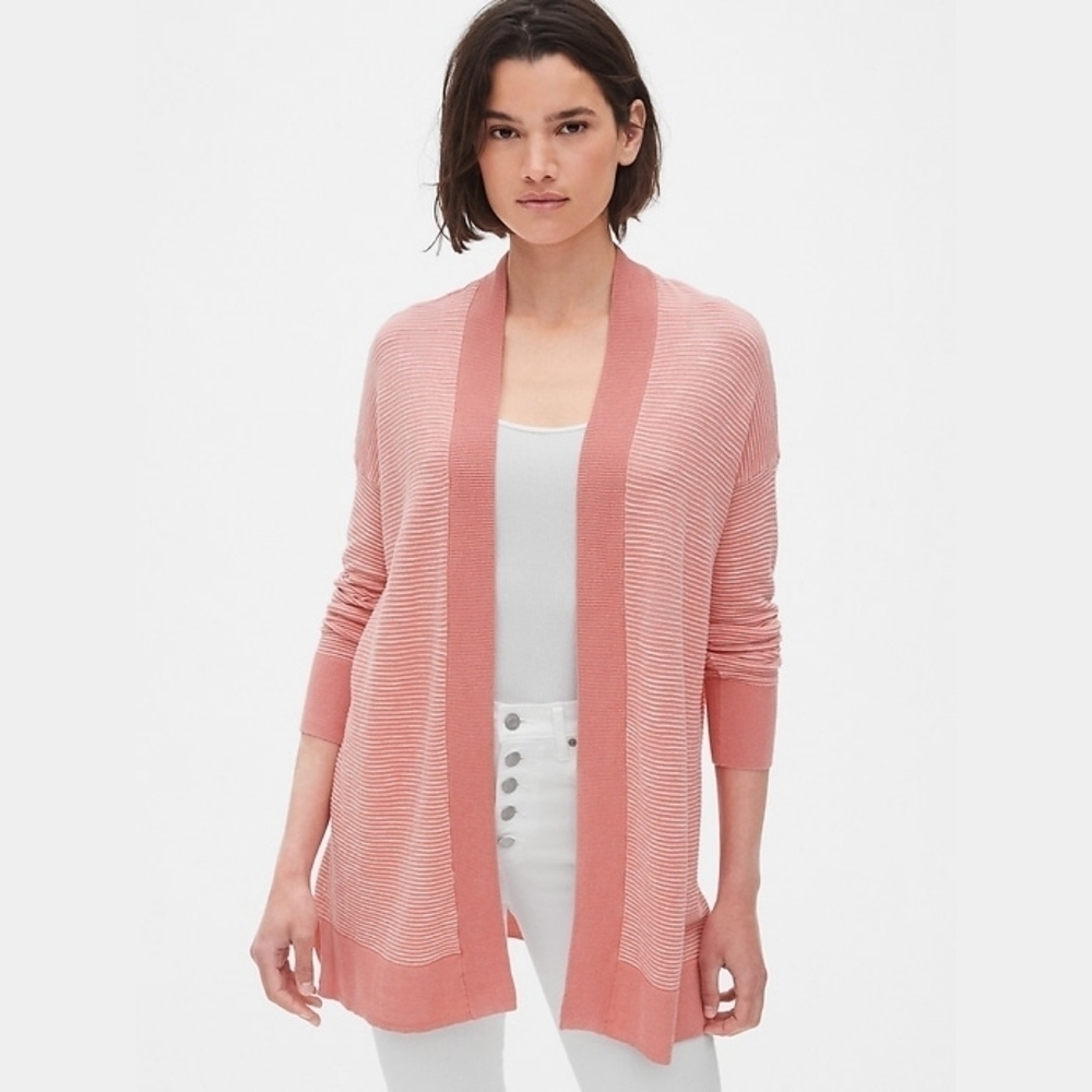 GAP Textured Longline Open-Front Striped Soft Coral Pink Cardigan Sweater, M